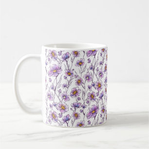 Caneca De Café Padrão Botânico de Flor Silvestre Roxa