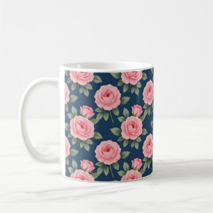Caneca De Café Padrão botânico de rosas cor-de-rosa exuberantes