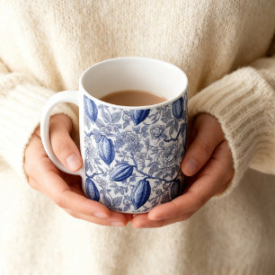 Caneca De Café Padrão Botânico de Toalete Azul Único Chic Cacau