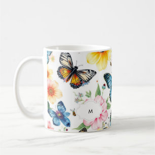 Caneca De Café Padrão botânico floral de aquarelas monograma