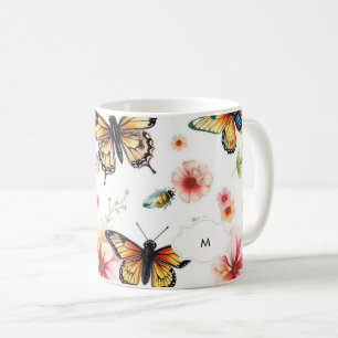 Caneca De Café Padrão botânico floral de aquarelas monograma