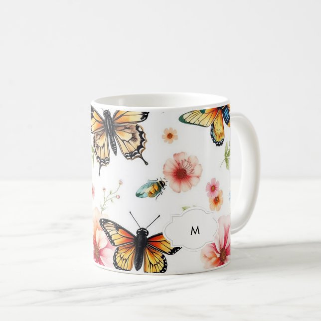 Caneca De Café Padrão botânico floral de aquarelas monograma (Frente Esquerda)