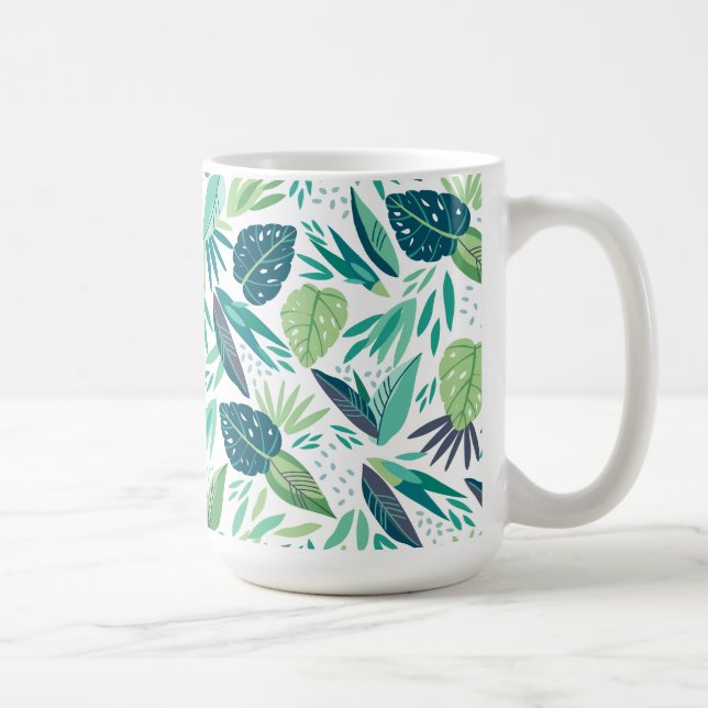 Caneca De Café Padrão Botânico Tropical Verde & Branco Folheto (Direita)