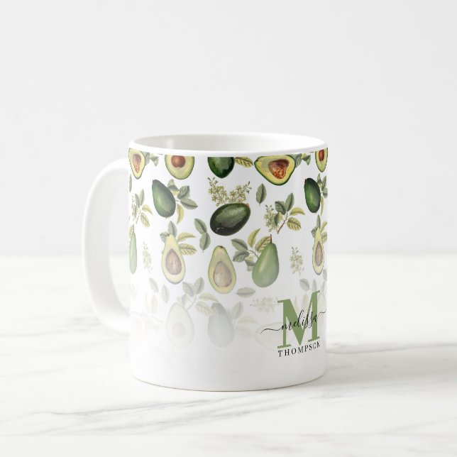 Caneca De Café Padrão Botânico Verde Avocado Monograma (Frente Esquerda)