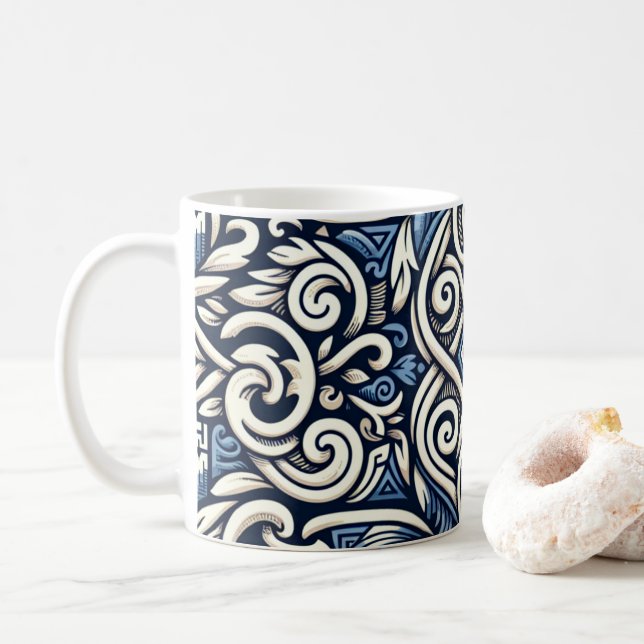 Caneca De Café Padrão branco e azul grego moderno (Com Donut)