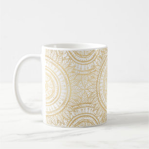 Caneca De Café Padrão Branco Elegante Dourado de Mandala Girasso