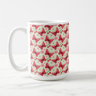 Caneca De Café Padrão Caprichoso de Borboleta e Cereja em Aquarel