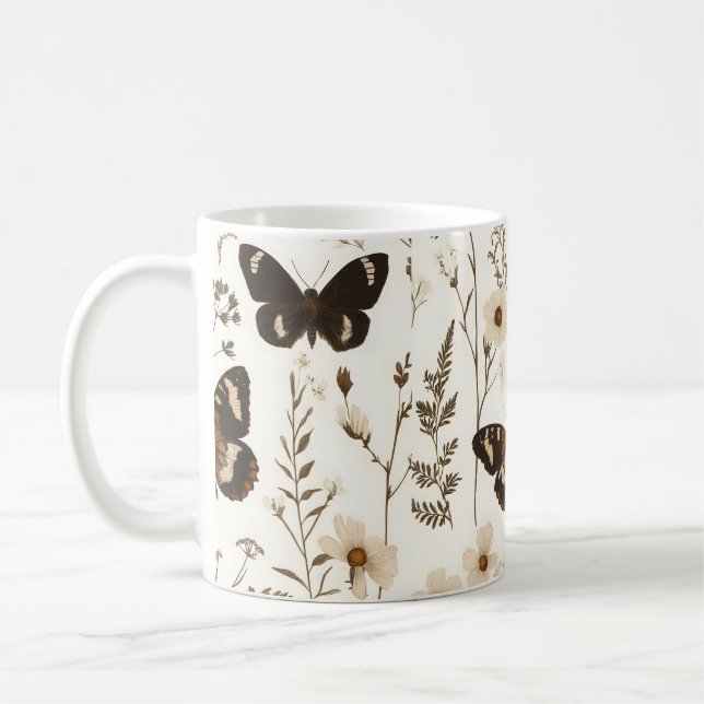 Caneca De Café Padrão Caprichoso de Borboleta e Flor (Esquerda)