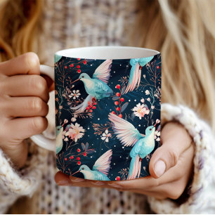 Caneca De Café Padrão Colorido de Beija-flores e Flores de Invern