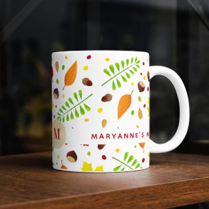 Caneca De Café Padrão colorido de folhas de outono com nome perso