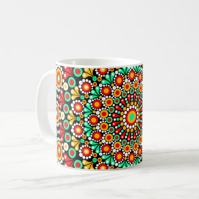 Caneca De Café Padrão Colorido de Mandala Boho Ponto  (Frente Esquerda)