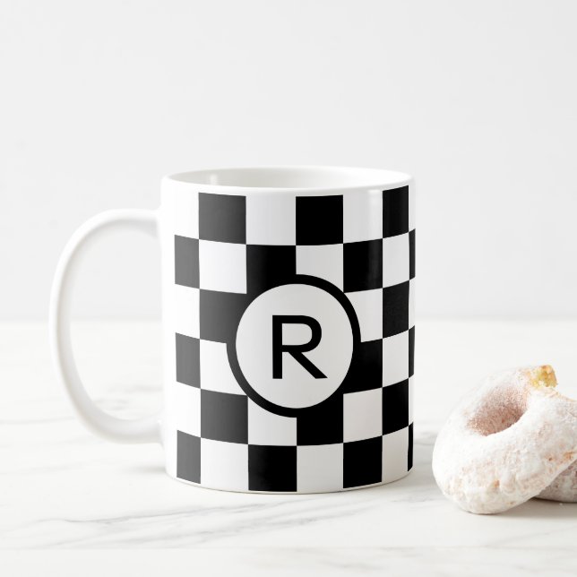 Caneca De Café Padrão com verificação de preto e branco monograma (Com Donut)
