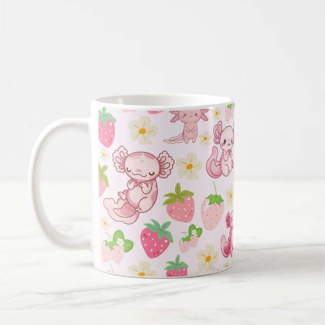 Caneca De Café Padrão contínuo de Axolote Kawaii Fofo & Morango (Esquerda)