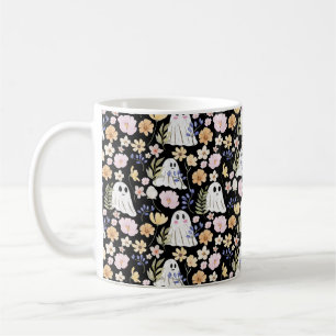 Caneca De Café Padrão contínuo de flores coloridas e fantasmas fo