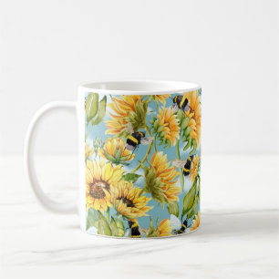 Caneca De Café Padrão contínuo de girassóis e abelhas vintage