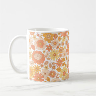 Caneca De Café padrão das flores de primavera cor-de-rosa e laran