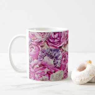 Caneca De Café Padrão das flores de Rosa de Lavanda de de branca