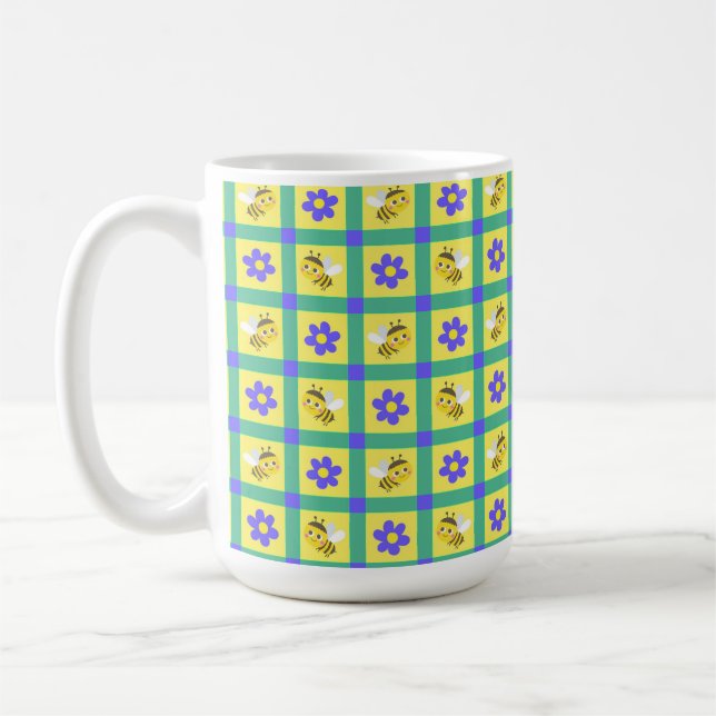 Caneca De Café Padrão de Abelha de Desenho Animado Fofo e Flor (Esquerda)