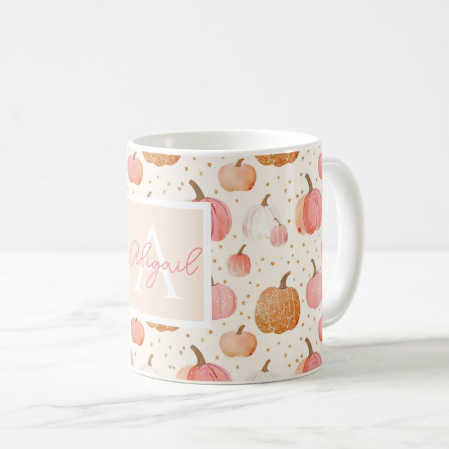 Caneca De Café Padrão de Abóbora de Aquarela com nome (Frente Esquerda)