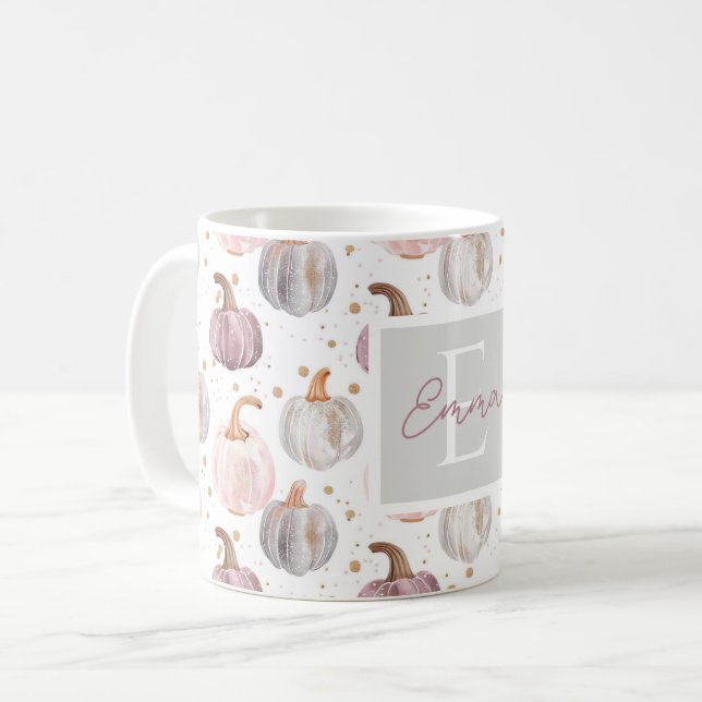 Caneca De Café Padrão de Abóbora de Aquarela com nome (Frente Esquerda)