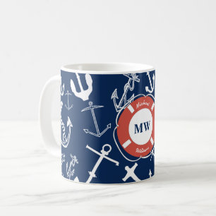 Caneca De Café Padrão de Âncora Azul do Marinho Monograma Náutico