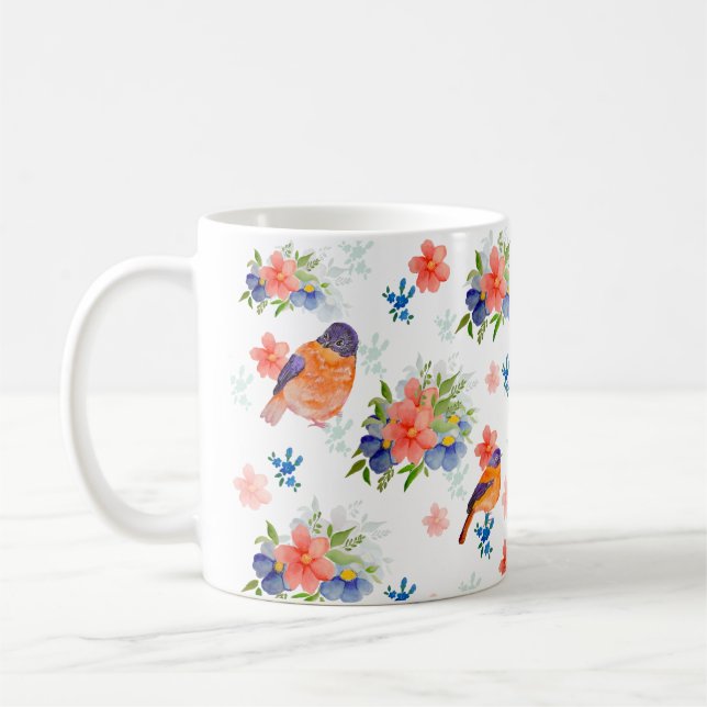 Caneca De Café Padrão de aquarela com aves e flores (Esquerda)