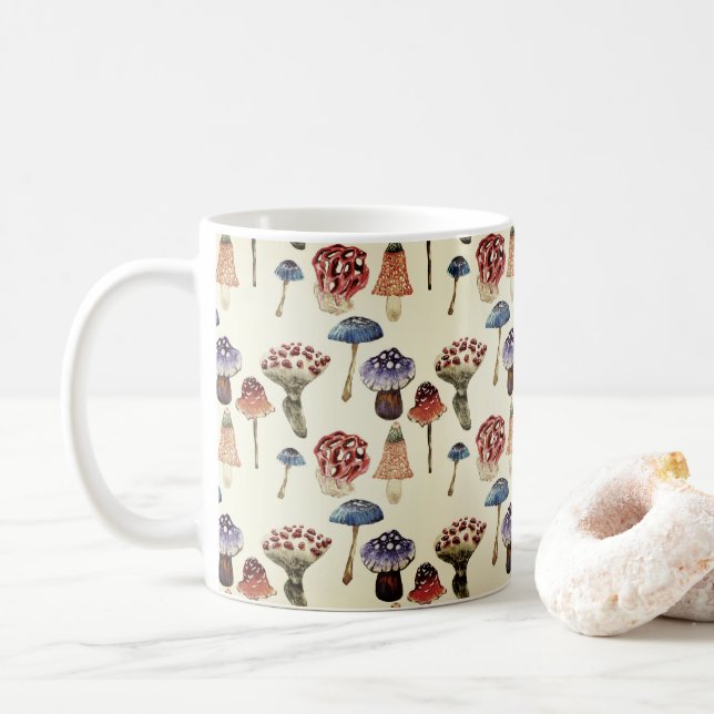 Caneca De Café Padrão de aquarela com cogumelos coloridos (Com Donut)