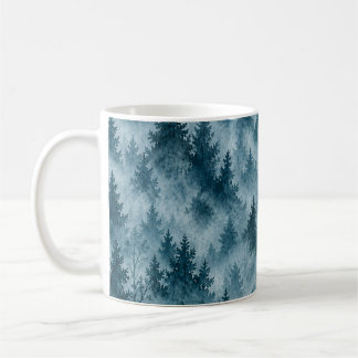 Caneca De Café Padrão de aquarela de floresta de pinheiros azul e