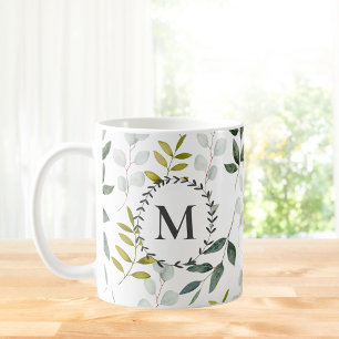 Caneca De Café Padrão de Aquarela de Folhas Verdes Monogramadas