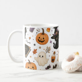 Caneca De Café Padrão de aquarela de Halloween fofo com gatos pre
