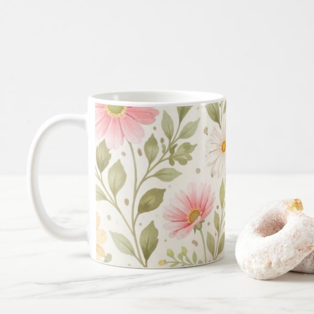 Caneca De Café Padrão de Aquarela Floral Suave   (Com Donut)