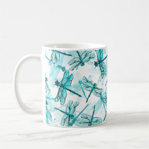 Caneca De Café Padrão de aquarela sem costura com libélula eleg