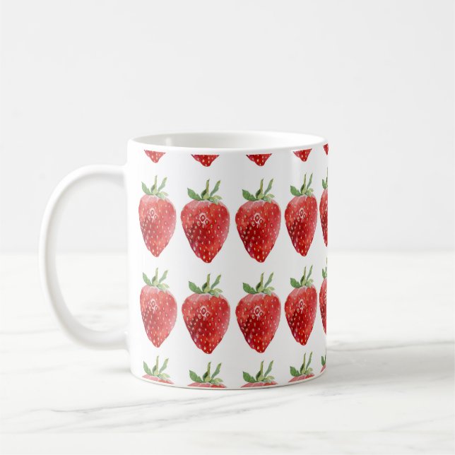 Caneca De Café Padrão de aquarela sem costura com morangos  (Esquerda)