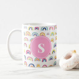 Caneca De Café Padrão de Arco-Íris Fofo com Monograma Feminino