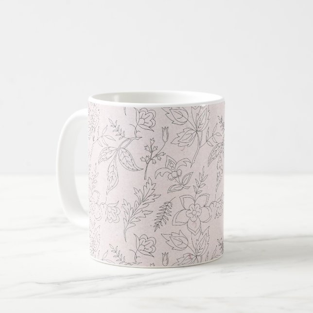 Caneca De Café Padrão de Arte de Linha Floral Rosa (Frente Esquerda)