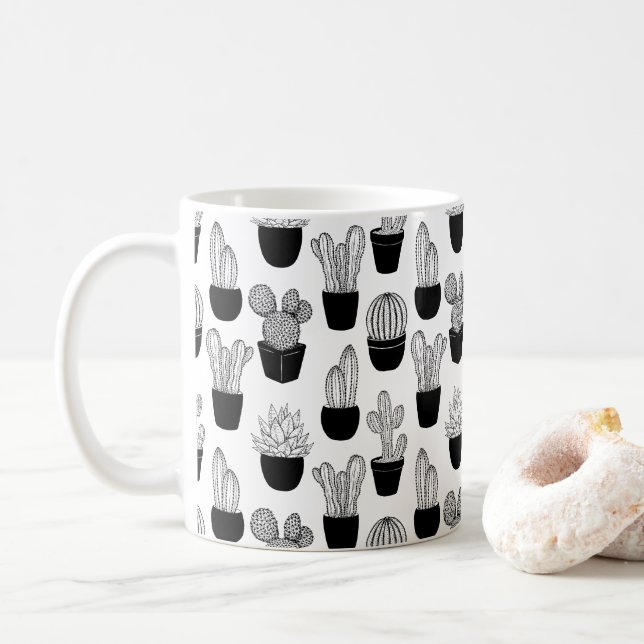 Caneca De Café Padrão de Arte de Linha Negra Cactos (Com Donut)