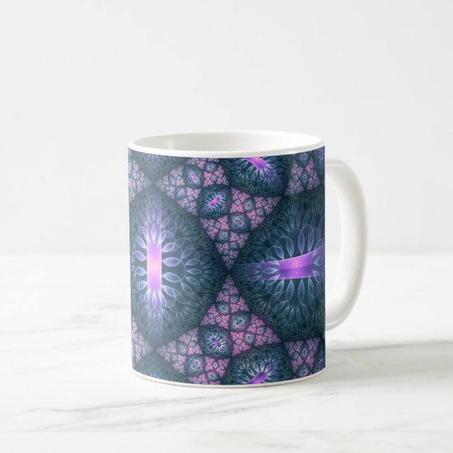 Caneca De Café Padrão de arte fractal 3D turquesa roxo rosa (Frente Esquerda)