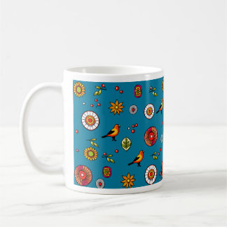 Caneca De Café Padrão de arte popular com aves e flores