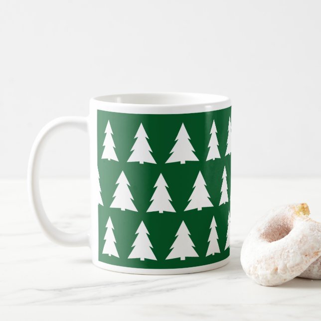 Caneca De Café Padrão de Árvore Branca Verde do Natal Moderno (Com Donut)