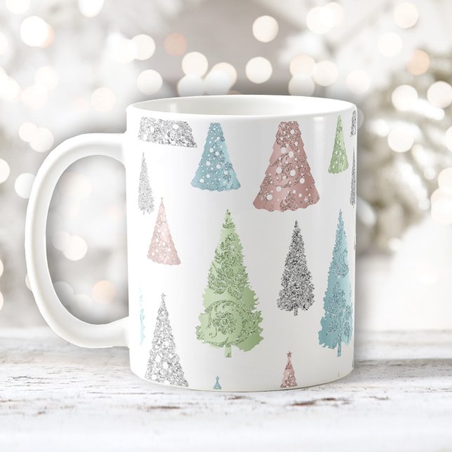 Caneca De Café Padrão de Árvore de Natal - Pastel brilhante Elega (Christmas Tree Pattern Elegant Glitter Pastel Coffee Mug)
