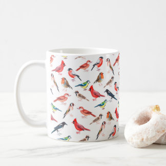 Caneca De Café Padrão de aves pintado com aquarela.