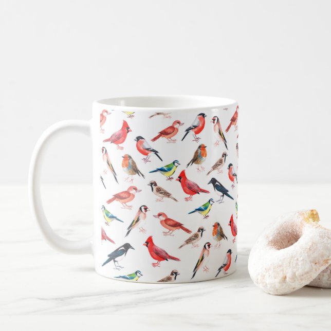 Caneca De Café Padrão de aves pintado com aquarela. (Com Donut)