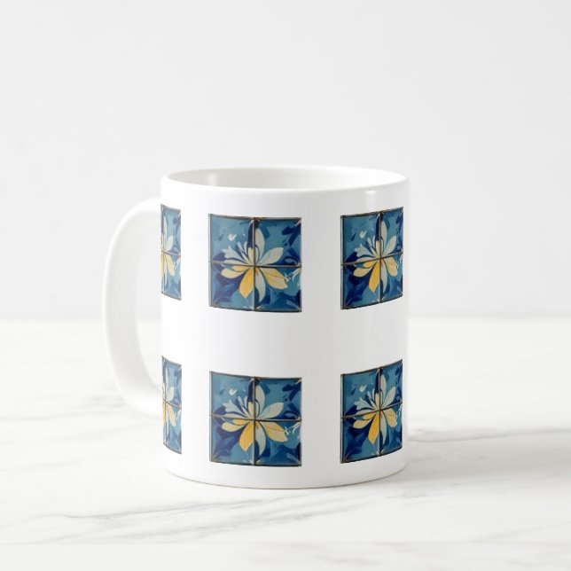 Caneca De Café Padrão de Azulejo Floral Azul (Frente Esquerda)