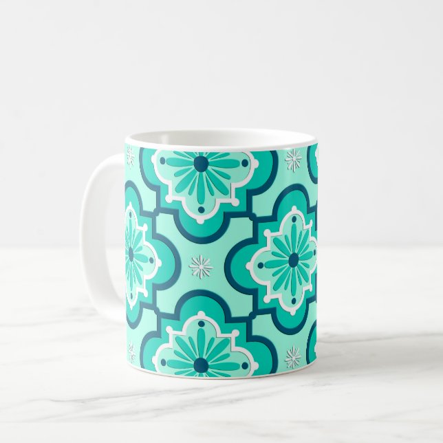 Caneca De Café Padrão de Azulejo marroquino, Aqua e Turquesa (Frente Esquerda)