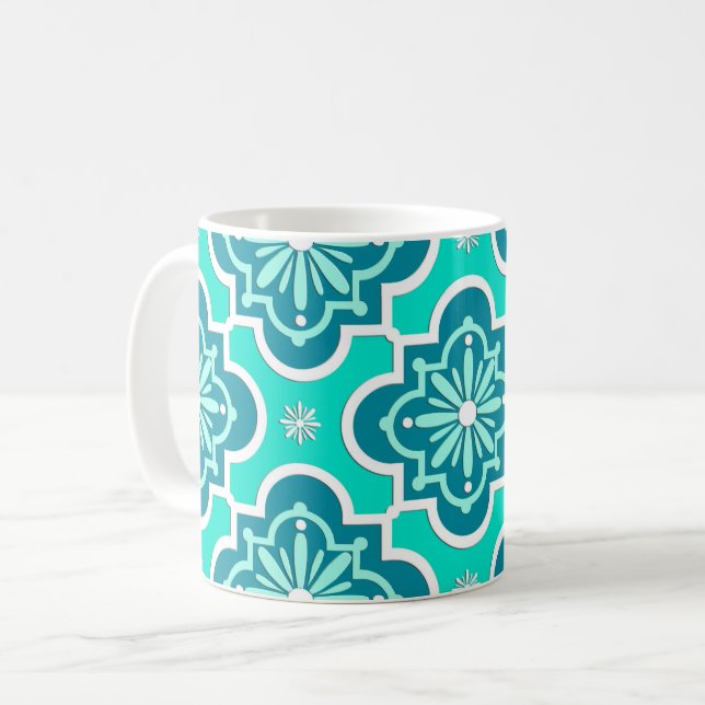 Caneca De Café Padrão de azulejo marroquino - Turquesa e Teal (Frente Esquerda)
