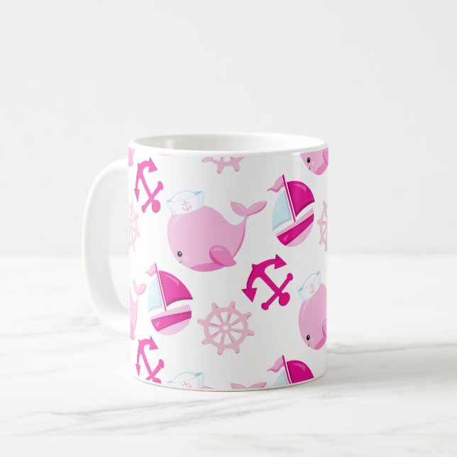 Caneca De Café Padrão De Baleias, Baleias Cutas, Baleias Rosa (Frente Esquerda)