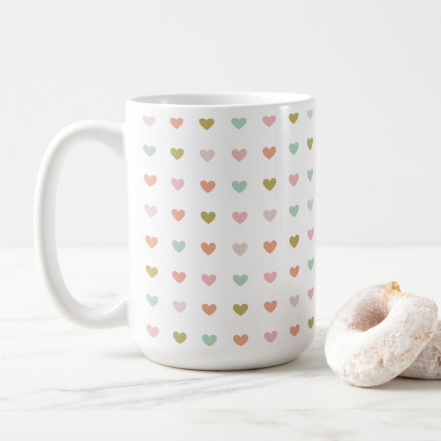 Caneca De Café Padrão de Bolinhas de Coração, 15oz  (Com Donut)