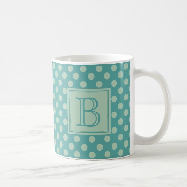Caneca De Café Padrão de bolinhas monograma azul turquesa (Direita)