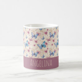 Caneca De Café Padrão de borboleta azul rosa em aquarela nome 