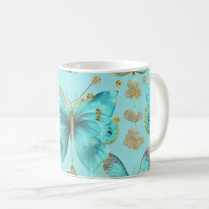 Caneca De Café Padrão de borboleta branca em fundo azul